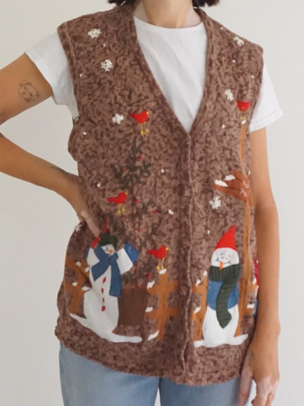 Vintage Bobbie Brooks Brown Snowman Cardinal Snowflake Ugly Christmas Vest 18W